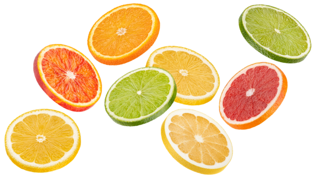 Mix of falling orange, grapefruit, lime and lemon slices isolated on white background