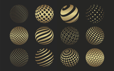 Golden balls with geometric pattern. Simple flat circles with textured effect. Decorative round element collection. Isolated vector icons