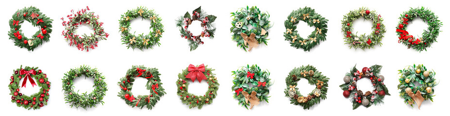 Fototapeta na wymiar Set of different Christmas wreaths isolated on white