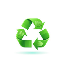 Obraz premium Green recycling logo on a white background with leaves inside the arrows. 