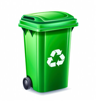 Green trash bin icon with the recycling logo on a white background. 