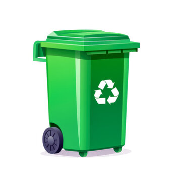 Green trash bin icon with the recycling logo on a white background. 