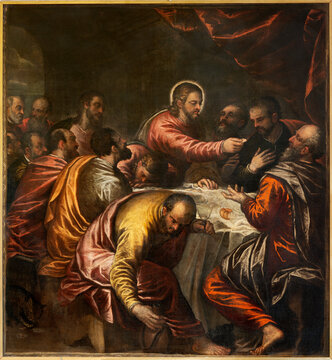 VICENZA, ITALY - NOVEMBER 5, 2023: The painting  of Last Supper in the Cathedral by Alessandro Maganza (1587-1589).