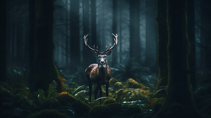 a deer in the forest during the night, cinematic light