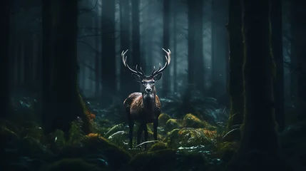 Tuinposter a deer in the forest during the night, cinematic light © Alin