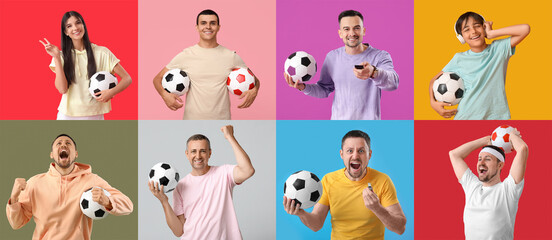 Collage of different people with soccer balls on color background