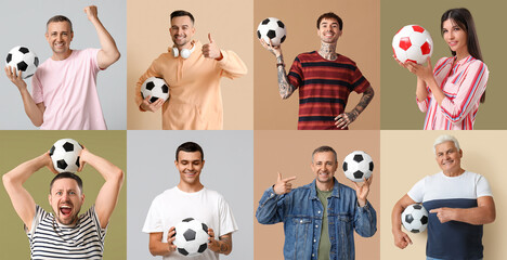 Collage of people with soccer balls on color background - Powered by Adobe