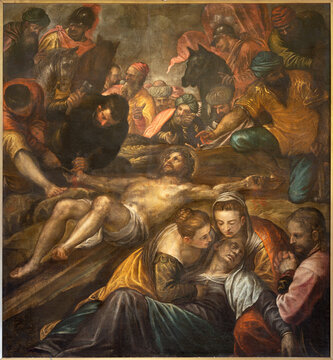 VICENZA, ITALY - NOVEMBER 5, 2023: The painting  Jesus is nailed the the cross in the Catheral by Alessandro Maganza (1587-1589).