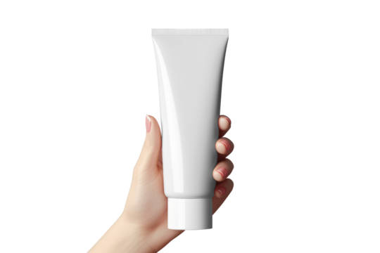 Woman's hand holding white cream mockup with space for text, logo or inscriptions isolated on white background, front view.generative ai