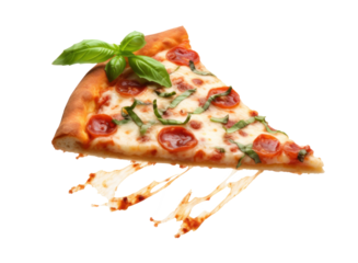 A levitating triangle cut out slice of pizza with cheese, tomatoes and basil isolated.generative ai