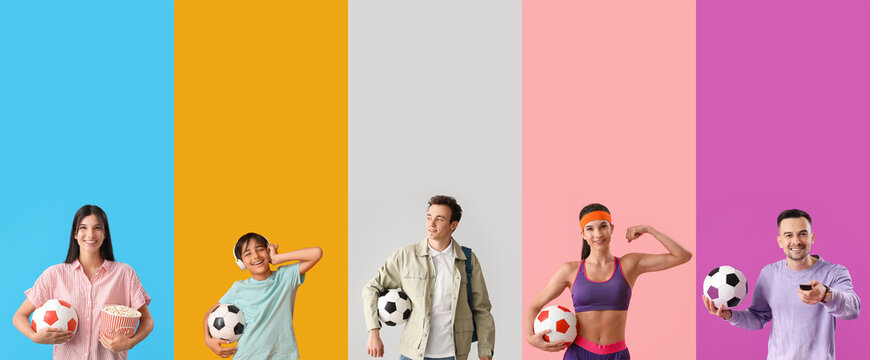 Set of many people with soccer balls on color background