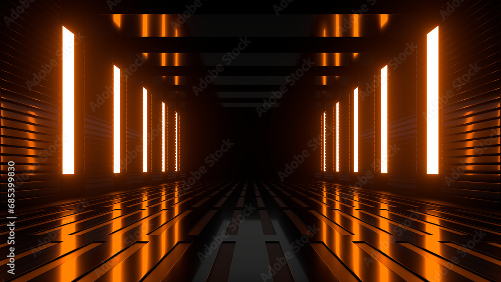 Poster sci fi neon glowing lines in a dark tunnel. reflections on the floor and ceiling. 3d rendering image