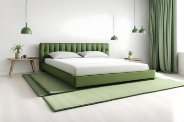 Green bed in a bedroom on white background-