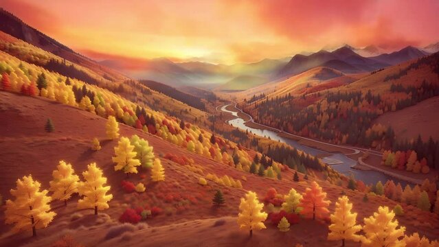 Experience the magic of autumn in the mountains through a visually descriptive time lapse, capturing the diverse range of colors and textures as the leaves change and the grass glows in golden light.
