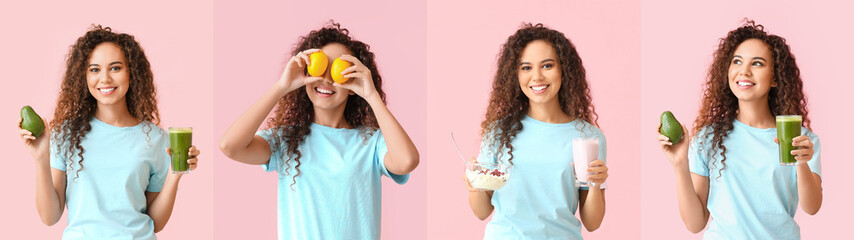 Collage of young woman with healthy food on pink background. Diet concept