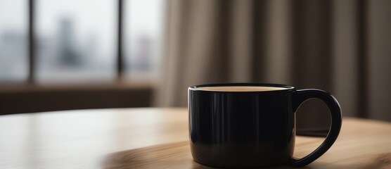 Black mug on a wooden table on a hotel room background, wide angle view from Generative AI