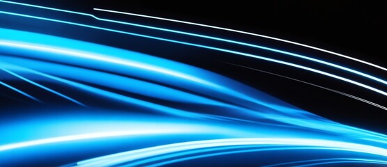 Blue curved neon lights depicting motion and speed in plain black background from Generative AI