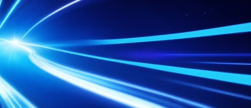 Blue curved neon lights on outer space cosmos background depicting motion and speed of light from Generative AI
