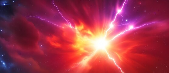 Orange electric lightning sparks coming from an explosion of energy on space cosmos background from Generative AI