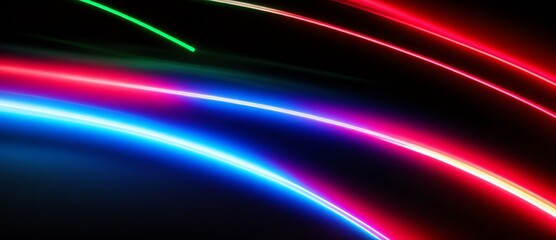 Red and blue and green curved neon lights depicting motion and speed of light in plain black background from Generative AI