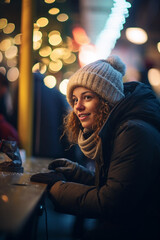 A woman wearing a knit hat and scarf sitting at a table