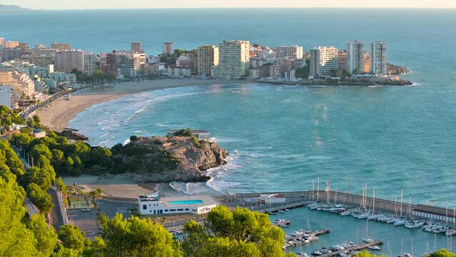 Colourful relaxing cinematic view of Playa de la Concha Beach in Oropesa del Mar, Castellon, Spain