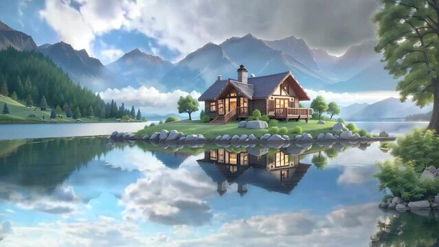Imagine a charming wooden cottage, perched on a small island in the middle of a serene lake. The reflection of the surrounding mountains is perfectly mirrored in the still waters.