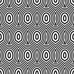 Fish scale wallpaper. Asian traditional ornament with repeated scallops. Repeated black roundish figures on white background. Seamless surface pattern design with rings. Grid motif. Digital paper.