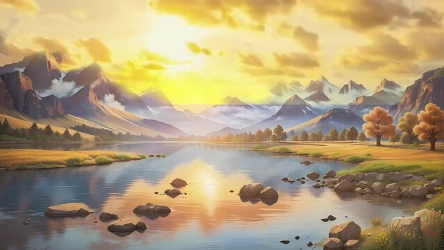 Immerse yourself in the picturesque scenery of the countryside with this enchanting painting, where the sun sets behind the rugged mountains and the calm waters.