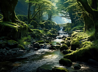Close up of the river long exposure landscape illustration with rocks in a forest. 