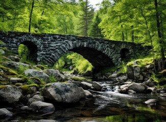 Fototapeta na wymiar Water stream with large stones under an old bridge in a Norwegian forest.