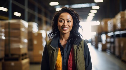 Asian woman in warehouse smiling looking at camera, 