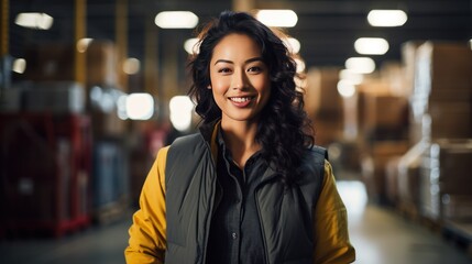 Asian woman in warehouse smiling looking at camera, 