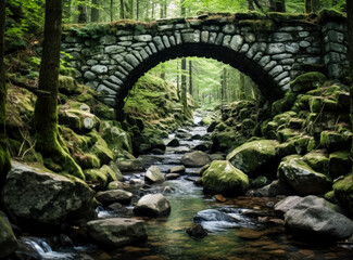 Water stream with large stones under an old bridge in a Norwegian forest.

