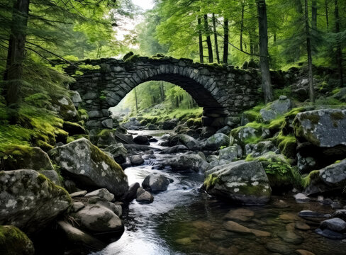 Water stream with large stones under an old bridge in a Norwegian forest.

