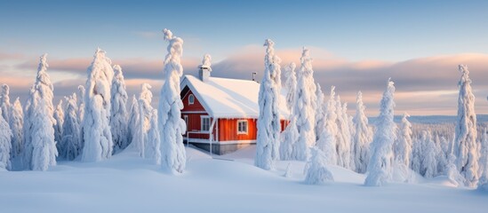 Winter cabin in Lapland, Finland's snowy forest.