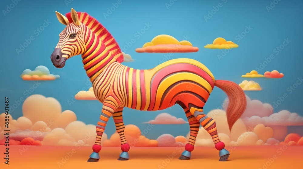 Poster a colorful zebra standing in a field with clouds in the background, ai