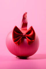 Red onion with a bow.Minimal creative food concept