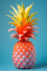 Pink pineapple with colorful leafs on blue background. Minimal style. Food concept