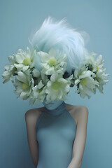 Girl with a huge flower crown on her head.Minimal nature fashion editorial  creative concept