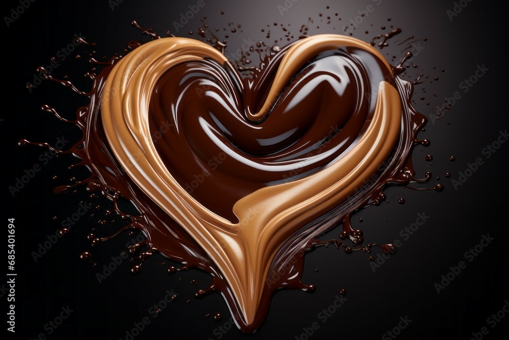 Poster melted chocolate in the shape of a heart on a dark background with selective focus and copy space