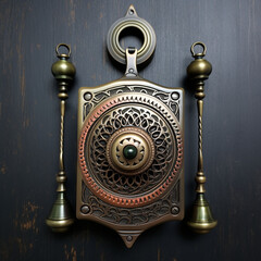 Vintage brass doorbell on a wooden background. Close-up.Home Improvement.AI generated