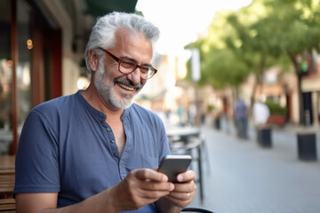 Happy smiling senior man using phone on street in summer season, video chat or video call.generative ai