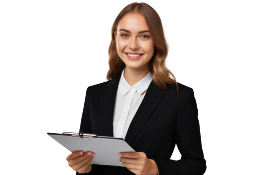 Portrait of beautiful smiling business woman wearing classic outfit holding writing stand looking straight at camera isolated on white background.generative ai
