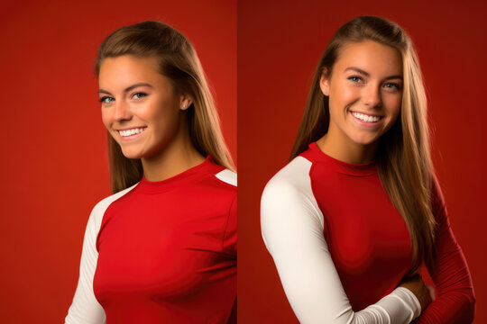 Multiple image of a Smiling athletic female college student posing on red background looking at camera