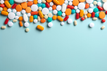 Background of colorful scattered pills with pills at the top of the screen on a light blue background with space for text, logo or inscriptions. Medical background of drugs.generative ai