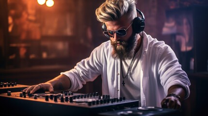 Cool hipster dj performing in a nightclub ,entertainment concept