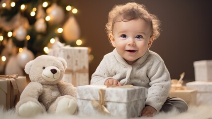 Cute baby sitting under christmas tree and guardian gifts,