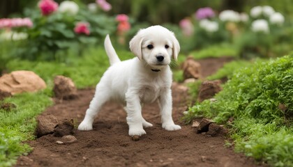 a dog in a garden bed, playing with the dirt.