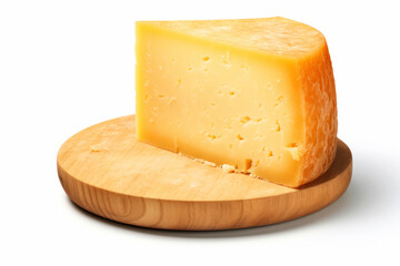Cheese on a wooden board isolated on white background. Cheese tasting. A large piece of Parmesan cheese.generative ai